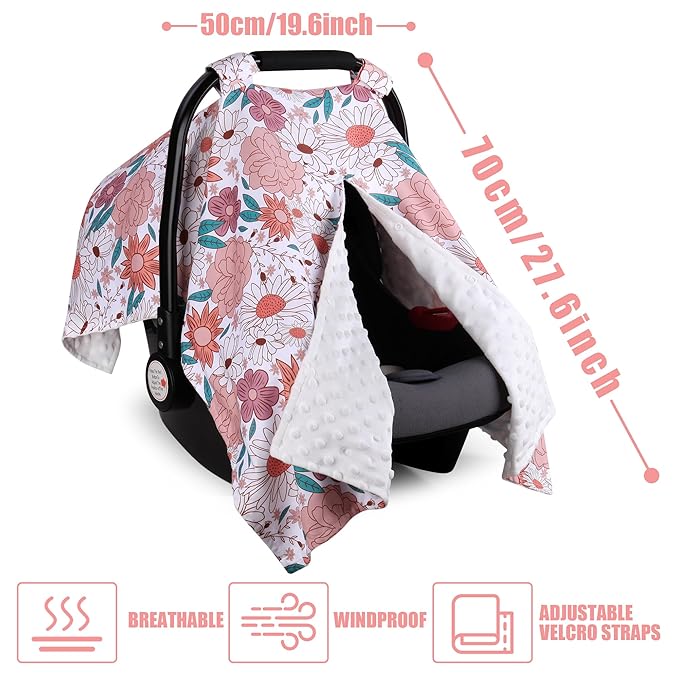 Metplus 2 in 1 Flowers Baby Car Seat Cover, Car Seat Canopy for Babies, Mom Multiuse Nursing Cover, Minky Baby Carrier Covers, Newborn Boy Girl, Peekaboo Opening
