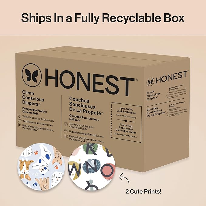 The Honest Company Clean Conscious Diapers for Delicate Skin | Up to 100% Leakproof | Hypoallergenic, Fragrance Free | Gender Neutral | Super Club Box, Size 5 (27+ lbs), 84 Count (Prints May Vary)