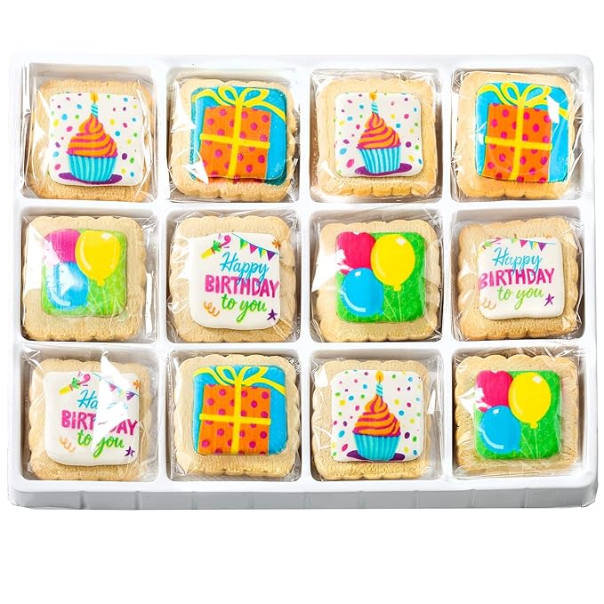 Happy Birthday Cookies 12 PACK Gift Basket | INDIVIDUALLY WRAPPED For Kids Men Women | Decorated Party Favors Gift Box | Nut Free