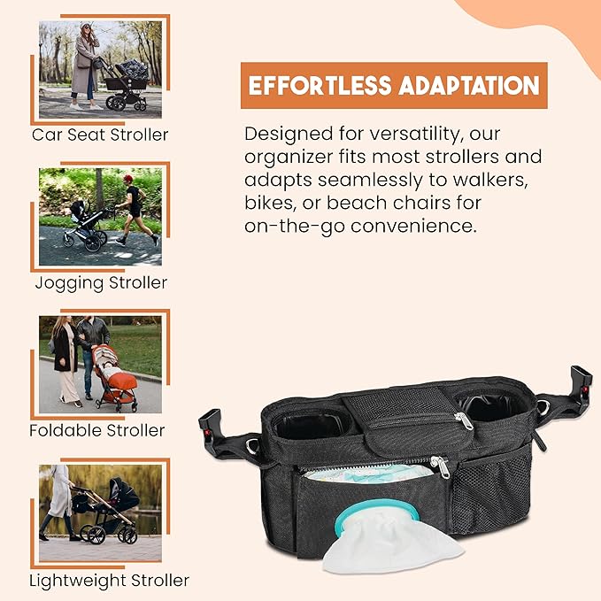 Universal Stroller Organizer with Cup Holder - Baby Caddy Organizer | Stroller Caddy Organizer w/ Anti-Slip Straps to Fit Various strollers like Uppababy, Doona, Nuna & More | Waterproof Walker Bag