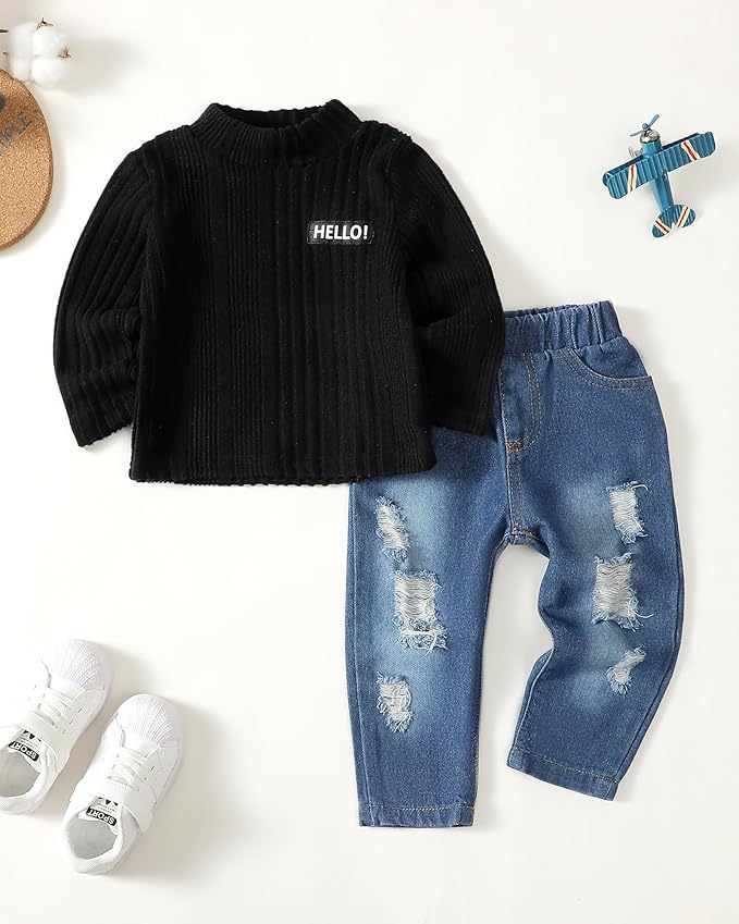 NZRVAWS Toddler Baby Boy Clothes Pullover Sweater Ripped Jean Sweatsuit Little Boy Outfit Fall Winter Clothing Set 6M-7T