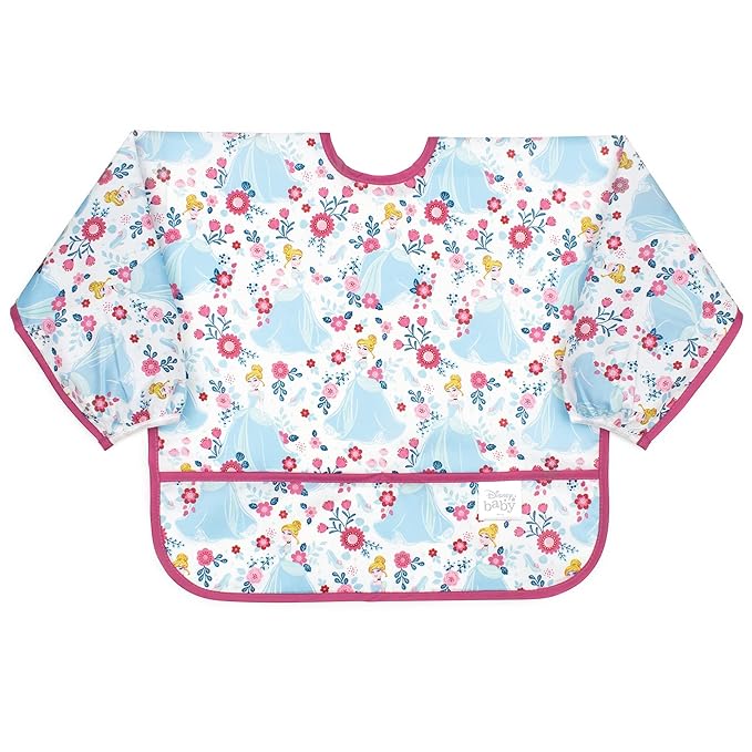 Bumkins Disney Bibs, Baby and Toddler Girls and Boys 6-24 Months, Long Sleeve, Essential Must Have for Eating, Feeding, Mess Saving Lightweight Waterproof Fabric Sleeved Smock, Cinderella