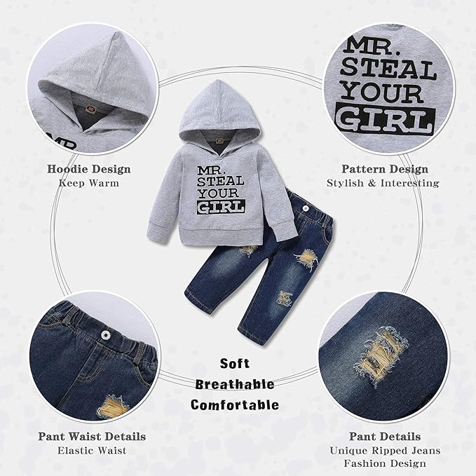 NZRVAWS Baby Boy Clothes Toddler Boy Outfit 2 3 4T 6 12 18 24 Month Fall Winter Hoodie Ripped Jeans Clothing