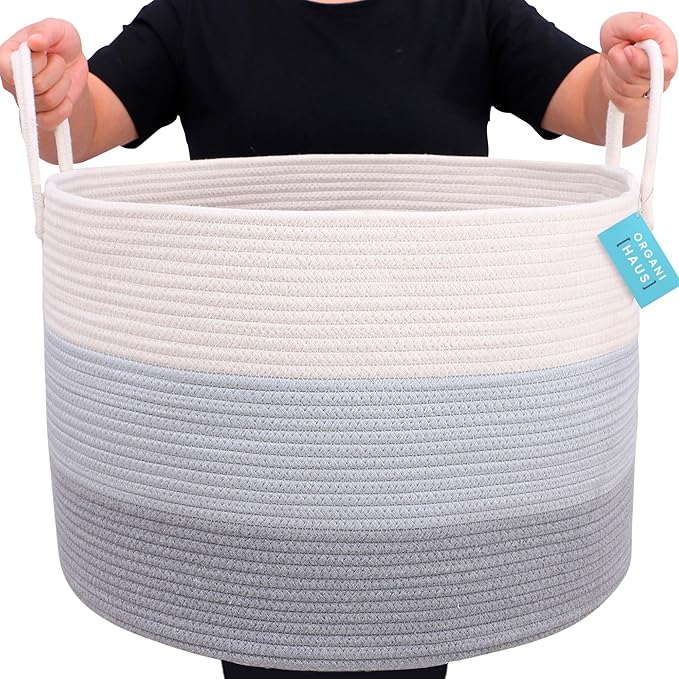 OrganiHaus Large Laundry Basket, Woven Cotton Rope Basket for Blankets, Toy Storage, Nursery Hamper, Living Room Decor Organizer, Soft & Durable Hamper with Handles, 20x13 inches - Gray
