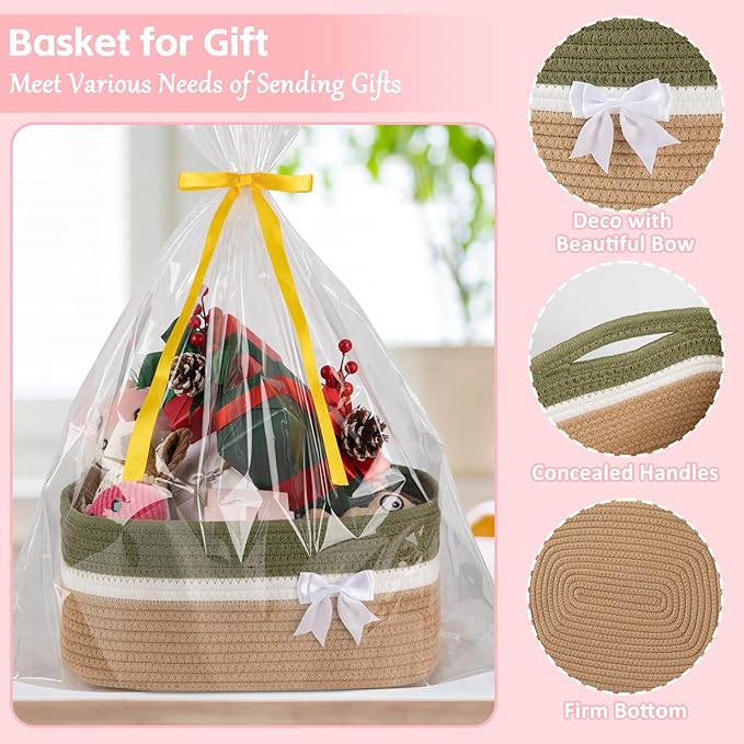 OIAHOMY Large Woven Storage Basket with Handles for Nursery Living Room Shelves, Bow Basket for Gifts Empty with Gift Bags and Ribbons for Baby Showers Pet Toy Bin - Light Green & Yellow