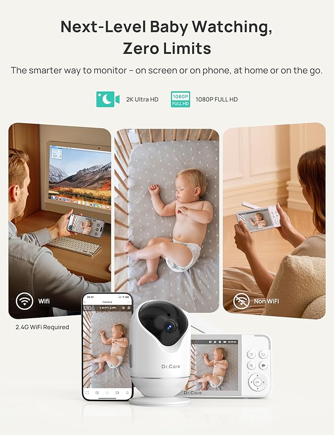 Dr.Care VistaView Smart WiFi Baby Monitor - 5” 1080P Split Screen & 2K Camera App Control, Cry & Motion Alerts, HD Night Vision, 5000mAh Battery, 2-Way Talk, Multi-User, Triple Security, 1279ft Range
