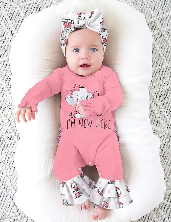 AGAPENG Newborn Girl Clothes Ruffle Letter Print Romper Infant Bell Bottom Jumpsuit Boho Baby Girl Clothes with Headband Hat