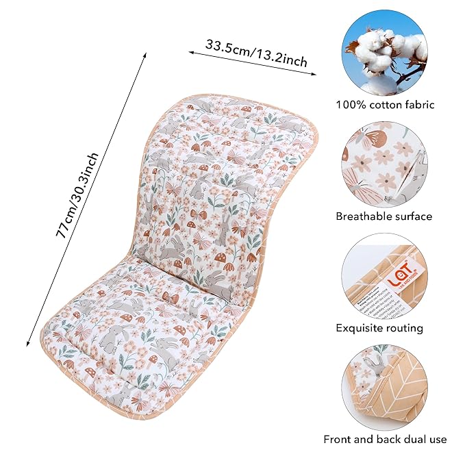 Baby Stroller Cushion,Infant Car Seat Insert-Reversible Universal Breathable and Soft Newborn Stroller Mat,100% Cotton Cover Toddler Seat Pad Liner-34x78cm,1 Pack(Rabbit)