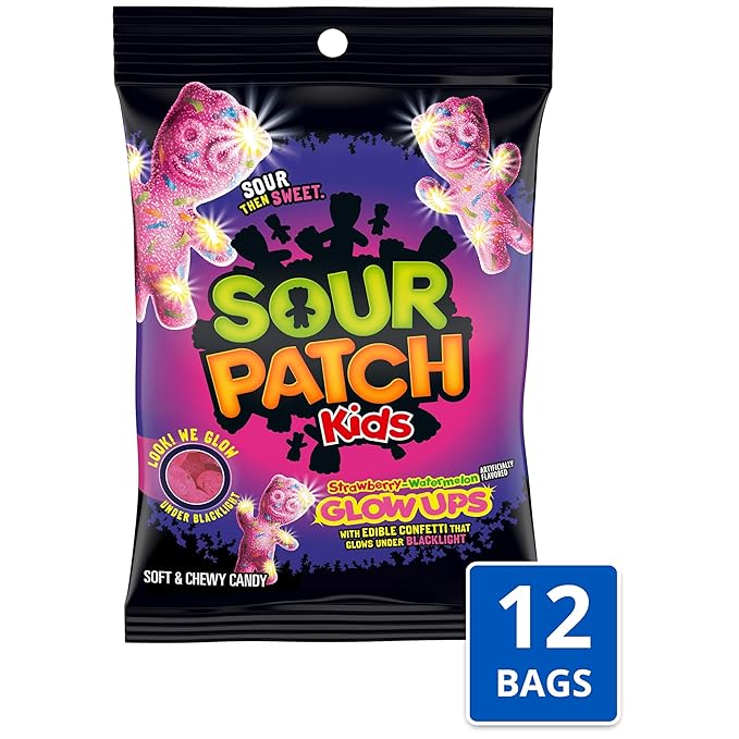 SOUR PATCH KIDS Glow Ups Strawberry-Watermelon Soft & Chewy Candy, Bulk Candy, 12-6.7 oz Bags