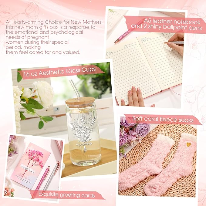 LemonRoad 6 Pcs New Mom Gifts, Pregnancy Gift for Expecting Mom, Baby Shower Favor for New Mommy After Birth, Aesthetic Flower Tumbler Notebook Pen Sock Dried Flower Greeting Card for Mommy(Pink)