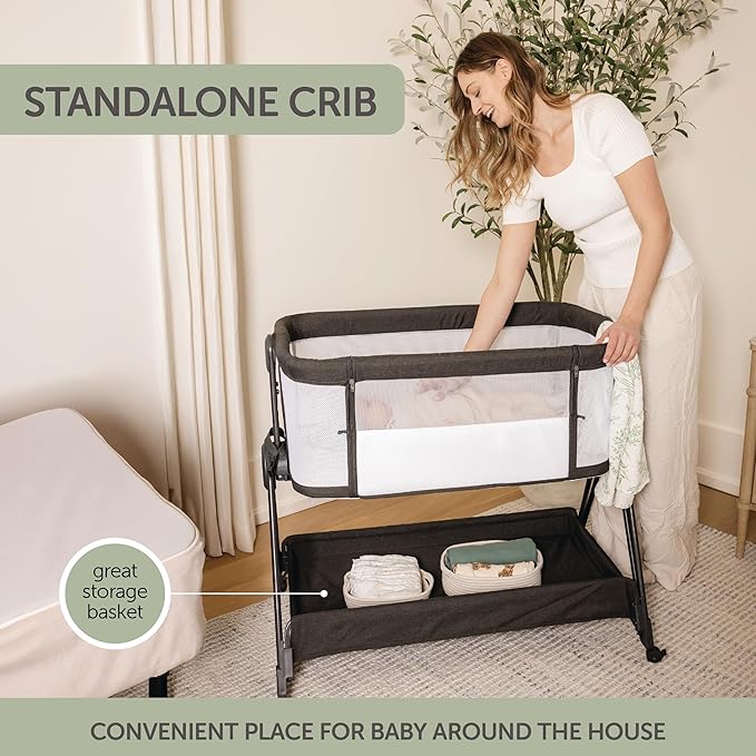 Baby Bedside Sleeper - Bassinet & Bedside Crib with Height Adjustment & Wheels - Can Be Placed Next to Bed - Attaches to Parents Bed - Easy to Fold & Carry Bassinet (Grey)