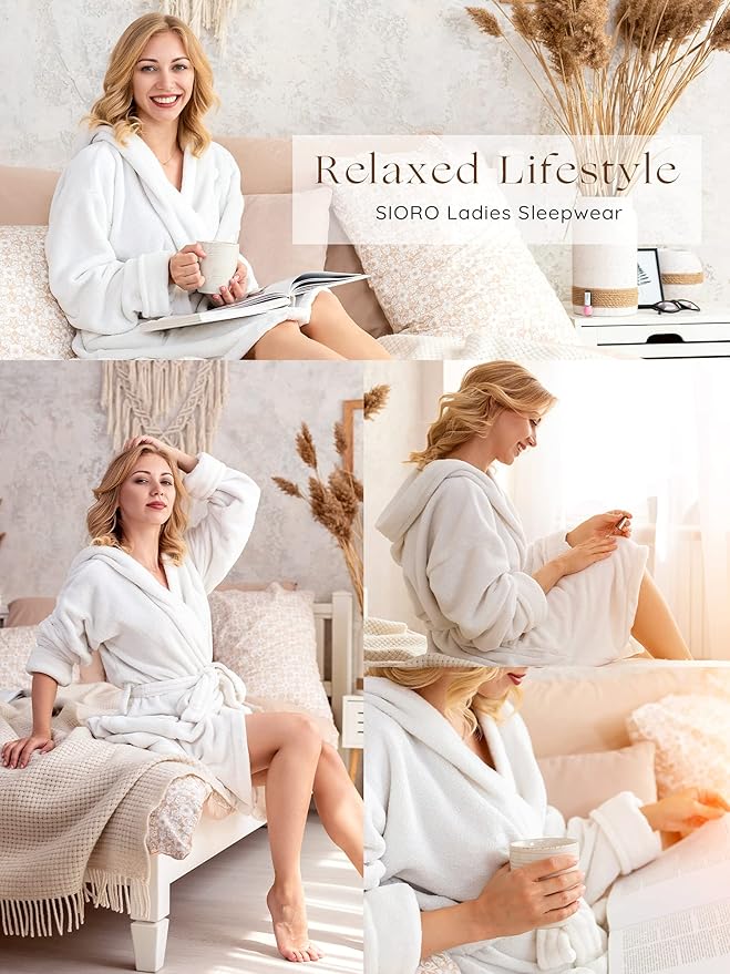 SIORO Womens Hooded Terry Cloth Robe, Cotton Absorbent Knee-Length Bathrobe, Housecoat with Pockets for Spa & Shower