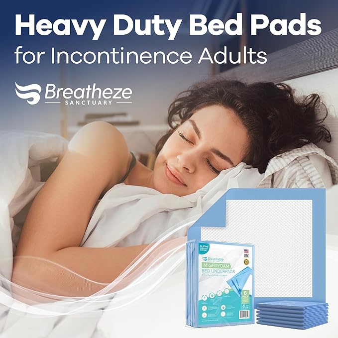 Breatheze Incontinence Bed Pads – Extra Large Disposable Underpads for Adults, Elderly, Kids, and Pets – Heavy Duty Absorbent Padding, Waterproof Under Pee Protector Pad with 375 LB Capacity - 6 Pack