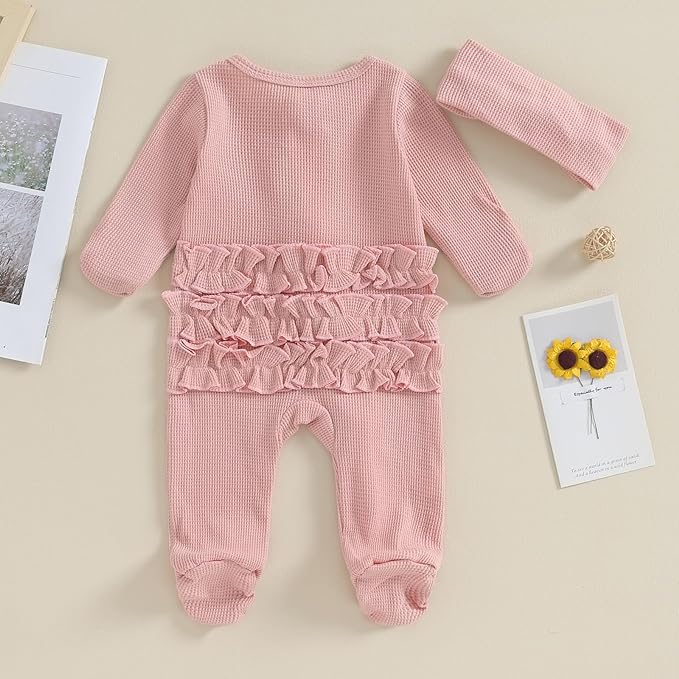 Newborn Girl Clothes Baby Girl Coming Home Outfit Zipper One-piece Outfits Ruffle Footie Bodysuit Jumpsuit Headband