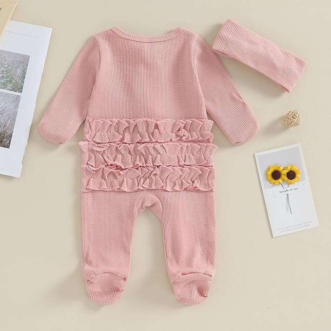 Newborn Girl Clothes Baby Girl Coming Home Outfit Zipper One-piece Outfits Ruffle Footie Bodysuit Jumpsuit Headband