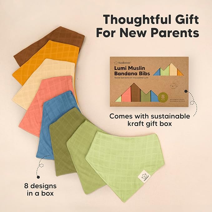 8-Pack Muslin Baby Bibs for Boys, Girls - Muslin Bandana Drool Bibs for Baby Girl & Boy, Drooling Newborn, Teething Toddler, Infant 0-36 Months, 100% Cotton Extra Absorbent & Soft (Primeval)