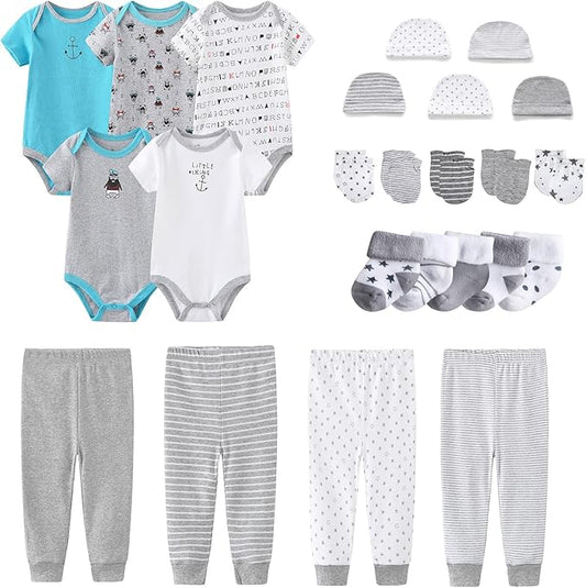 Newborn Layette Gift Set Bodysuits Pants for Baby Girl and Boy 24 Piece 100% Cotton Essentials and Accessories
