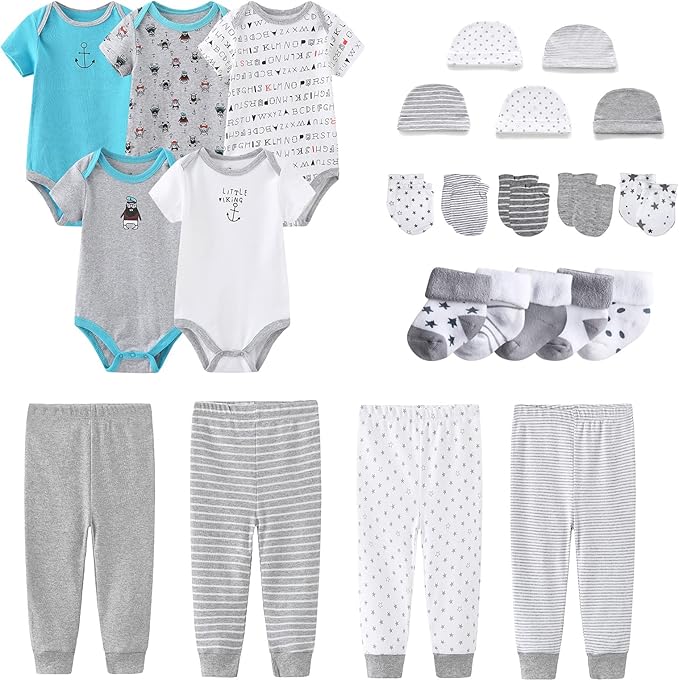 Newborn Layette Gift Set Bodysuits Pants for Baby Girl and Boy 24 Piece 100% Cotton Essentials and Accessories