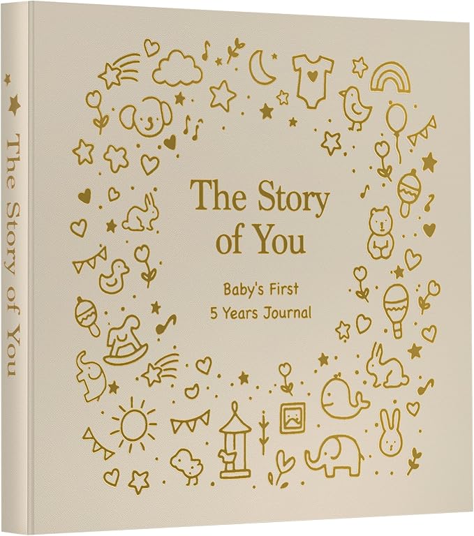 Baby Memory Book First 5 Year Boy or Girl Keepsake Journal Photo Albums Scrapbook, Gifts for Baby Shower First Time Mom New Parents (Toy - Khaki)