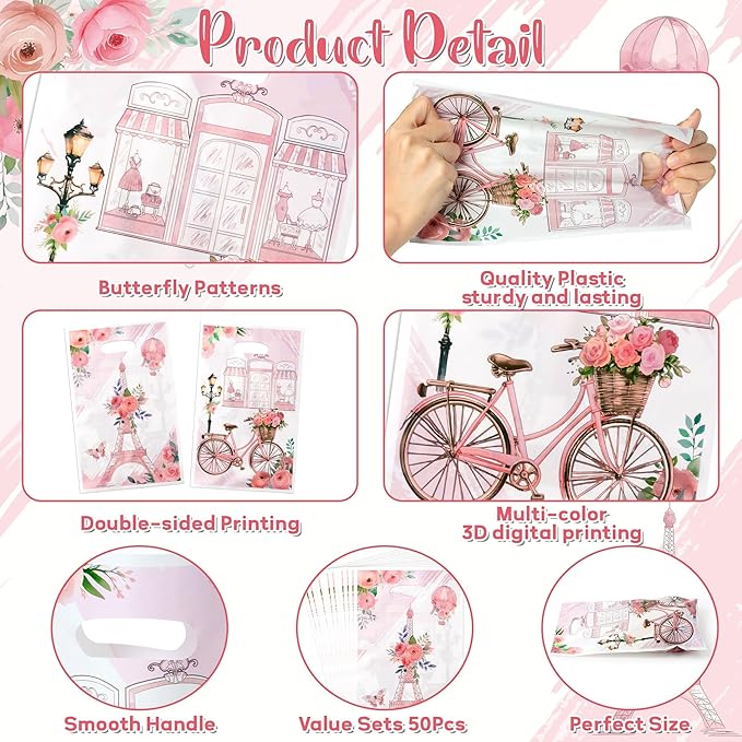 Paris Party Favor Bags 50Pcs Pink Floral Paris Goody Candy Treat Gifts Bags, City Landscape Themed Party Decorations for Kids Girls Women Birthday Wedding Pink Theme Events Supplies
