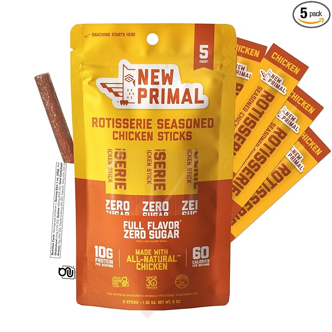 New Primal Rotisserie Chicken Sticks, Zero Sugar High Protein Snack, Gluten Free Whole30 Healthy Snacks, Keto and Paleo Friendly, Jerky Meat Stick, 10g Protein, 5 Count