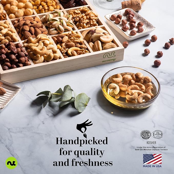 NUT CRAVINGS - Mixed Nuts Gift Basket in Reusable Wooden Tray + Green Ribbon (12 Assortments) Food Arrangement, Healthy Snack Care Package, Food Assortments