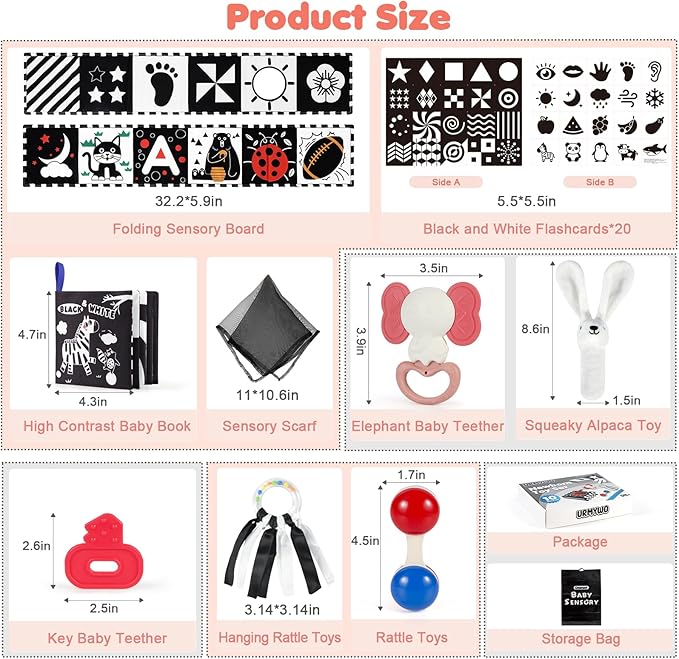 Baby Toys for 0-6 Months, High Contrast Black and White Sensory Toys for Newborn 0-6 M, Rattle Teether Tummy Time Audio Visual Stimulation Learning Activity for 0-12 Months, Baby Boy Girl Gifts 10 Pcs
