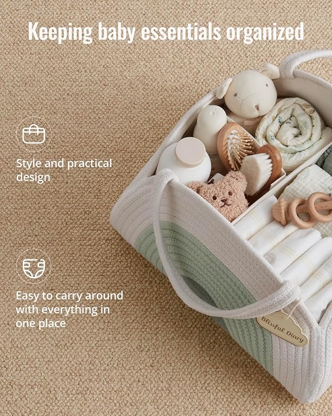 Blissful Diary Baby Diaper Caddy Organizer, Cotton Rope Diaper Caddy Basket, Large Storage Basket for Newborn Boys and Girls, Gift for Baby Shower List, Newborn Essentials, Mint Rainbow