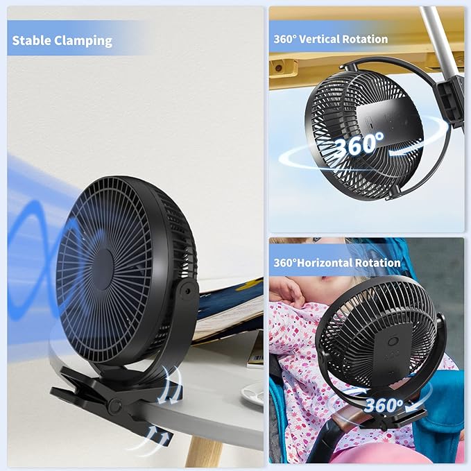 Clip on Fan, Rechargeable Portable Fan, 8 Inch Small Desk Fan - 10000mAh Battery Powered Fan with 4 Speed, 360° Rotation Personal Fan Suitable for Golf Cart, Bedroom, Travel and Camping (Black)