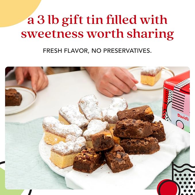 David's Cookies Assorted Brownies & Crumb Cake Gift Tin 3Lbs - Delicious, Fresh Baked Snacks, Gourmet Chocolate Fudge Slices, Brownies Gift Basket - Ideal Gift for Superbowl & Other Special Occasions