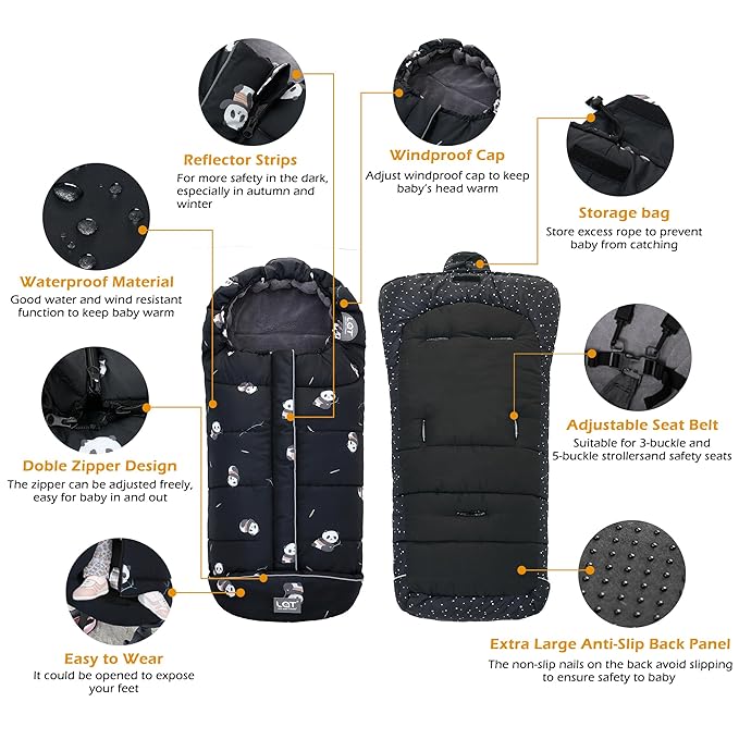LAT Baby Warm Bunting Bag Universal,Stroller Sleeping Bag Cold Weather,Waterproof Toddler Footmuff(Basic,Black Panda)
