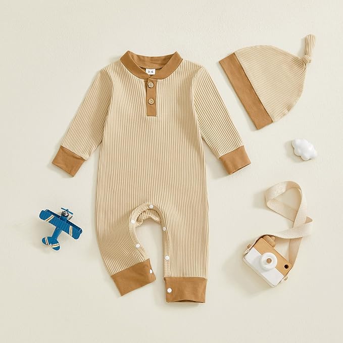 fhutpw Newborn Baby Boy Clothes Ribbed Knit Bodysuit 3 6 Months Infant Fall Long Sleeve Splicing Color Romper Jumpsuit & Hat