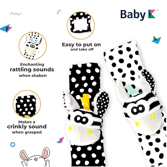 BABY K Foot Finder Socks & Wrist Rattles (Set J) - Newborn Toys for Baby Boy or Girl - Brain Development Infant Toys - Hand and Foot Rattles Suitable for 0-3, 3-6, 6-12 Months Babies