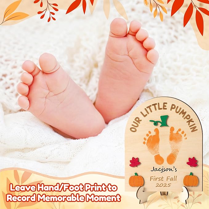 R HORSE Baby's First Fall Footprint or Handprint Art Sign Craft, Our Little Pumpkin DIY Wooden Hanging Decoration, Newborn Keepsake Gift for Baby First Fall Autumn Thanksgiving Baby Shower Photo Prop
