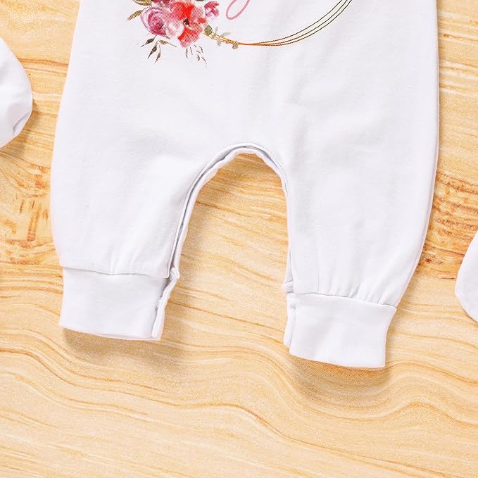 Sinhoon Newborn Baby Girl Romper Infant Letter Print Bodysuit Jumpsuit+Hat+Gloves+Socks 4Pcs Coming Home Clothes Outfit