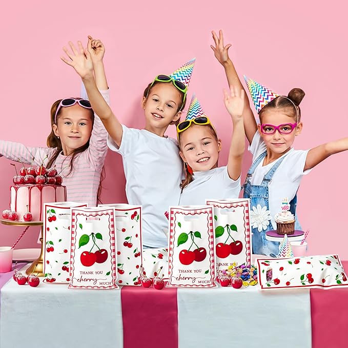 Cherry Party Favor Bags - 50Pcs Red Sweet Cherries Goody Candy Treat Gifts Bags, Fruit Berry Themed Party Decorations for Kids Girls Boys Birthday Baby Shower Fruit Events Supplies