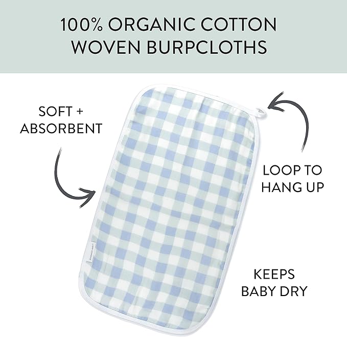 HonestBaby Organic Cotton Multi-layer Burp Cloths Multipack, 4-Pack Blue Painted Buffalo Check, One Size