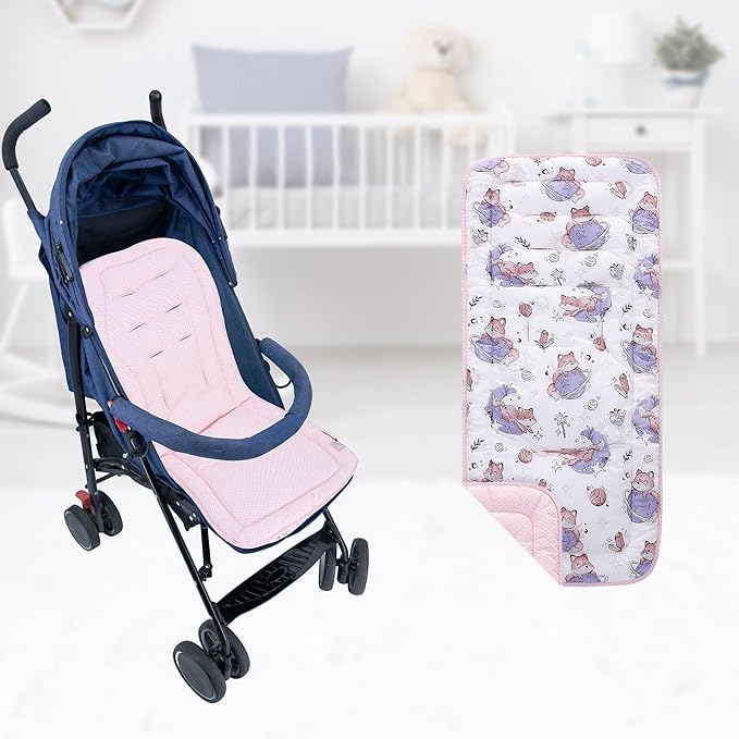 Baby Stroller Cushion,Infant Car Seat Insert-Reversible Universal Breathable and Soft Newborn Stroller Mat,100% Cotton Cover Toddler Seat Pad Liner-34x78cm,1 Pack(Fox+Pink Dots)