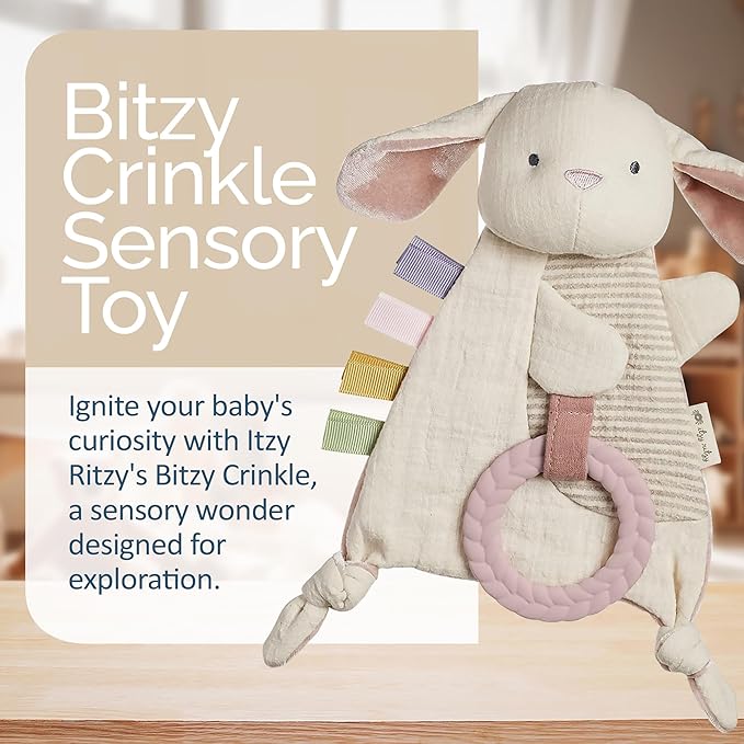 Itzy Ritzy - Bitzy Crinkle Sensory Toy Bunny with Crinkle Sound for Babies & Toddlers - Features Soft Braided Teething Ring & Textured Ribbons, Designed for Ages 0 Months and Up, Bunny
