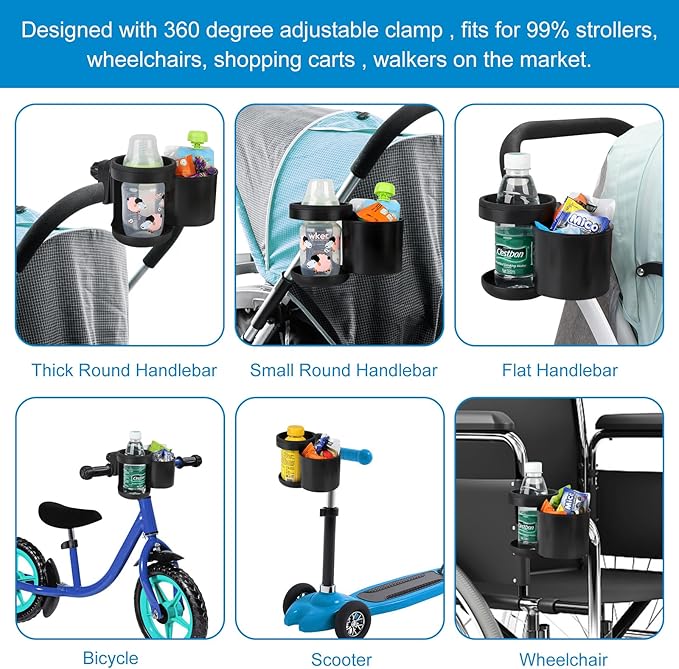 Accmor Universal Cup Holder, Stroller Cup Holder, 360° Rotatable Large Caliber Designed Bottle Holder for Stroller, Bike, Wheelchair, Walker, Scooter