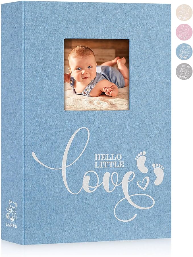 Lanpn Baby Photo Album 4x6 300 Pockets, Linen Hardcover Newborn Memory Book with Memo Writing Area, Bebe Photobook, Slip-in Picture Book, Ultrasound Album Keepsake Gifts for Boy Baby Shower Blue