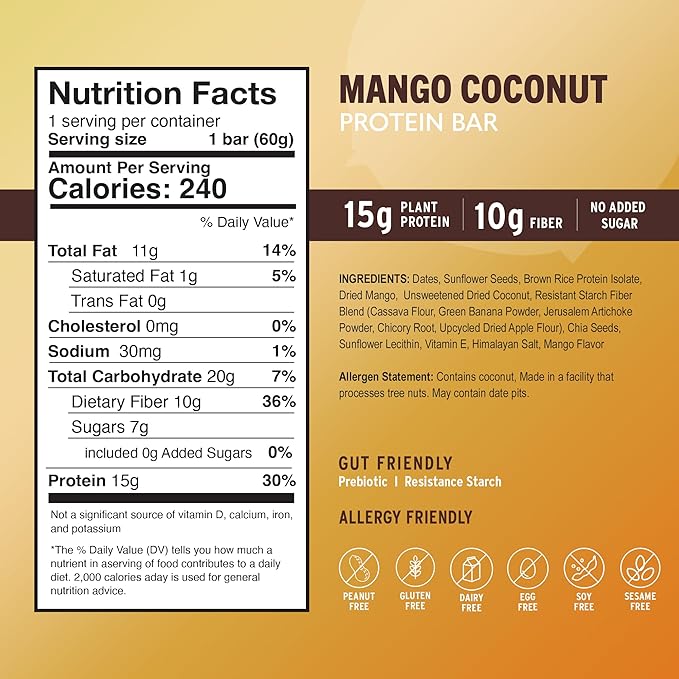 Amrita Nut Free Vegan Protein Bars (12 Count) | Mango Coconut 15g Plant-Based Protein Bar | Peanut-Free, Gluten Free, and Dairy-Free | No Added Sugar, High Fiber, Healthy Snacks for Kids/Adults