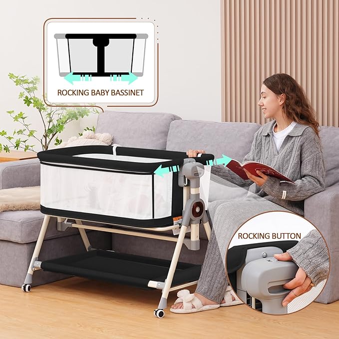 Baby Bassinet,Rocking Bassinet with Waterproof Sheet,3 in 1 Baby Bassinets Bedside Sleeper,6 Height Adjustable Bedside Bassinet for Newborn(Black)