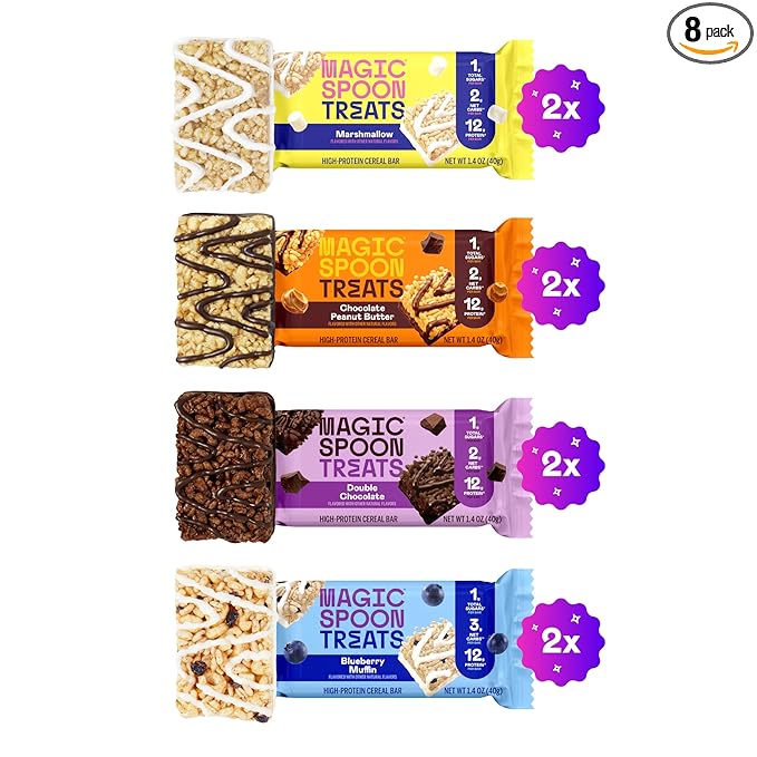 MAGIC SPOON Treats - High Protein Bars, Low Carb, Keto Friendly, Low Sugar, Crispy Cereal Bar, On-The-Go Healthy Snack (8 Bars, 2 each of Marshmallow, Chocolate PB, Blueberry Muffin, Double Chocolate)