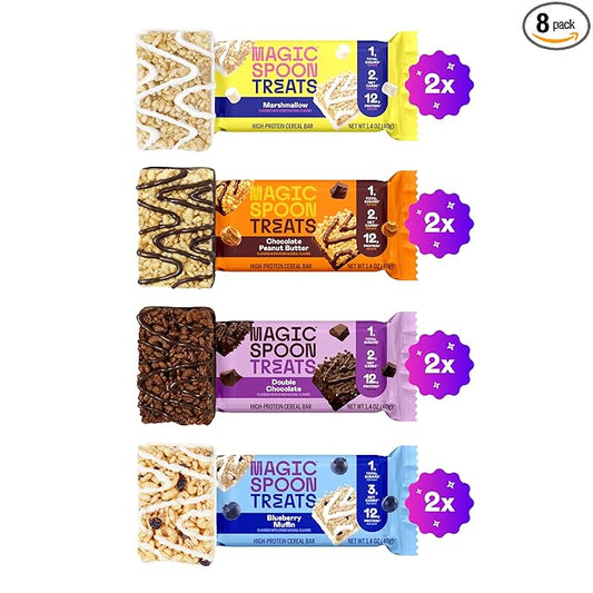 MAGIC SPOON Treats - High Protein Bars, Low Carb, Keto Friendly, Low Sugar, Crispy Cereal Bar, On-The-Go Healthy Snack (8 Bars, 2 each of Marshmallow, Chocolate PB, Blueberry Muffin, Double Chocolate)
