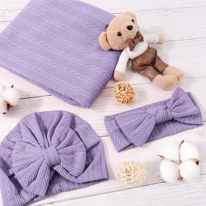 Newborn Receiving Blanket with Bow Hat Headband Wooden Card Set Wheat-Pattern Newborns Toddler Baby Boy Girl Nursery Swaddle Wrap