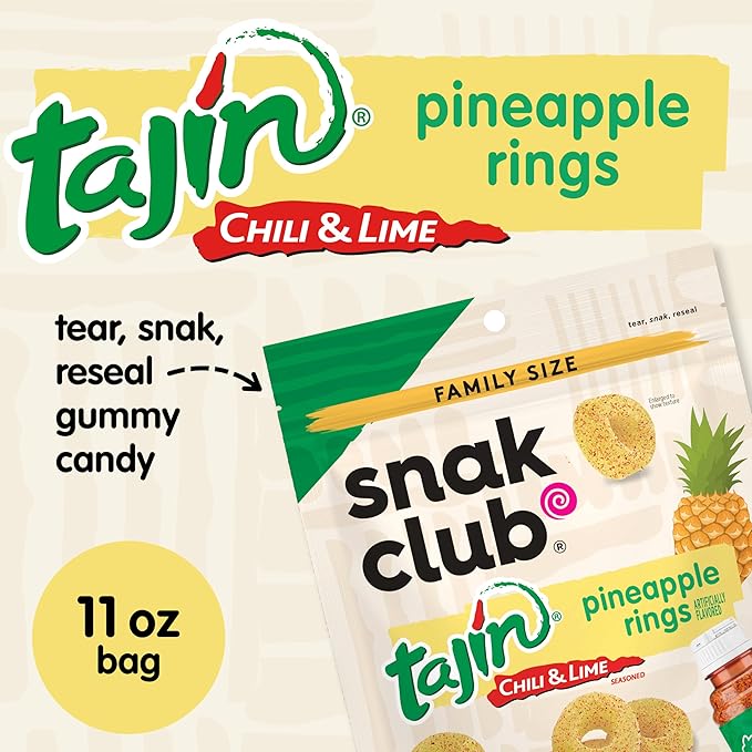 Snak Club Tajin Pineapple Rings Gummy Candy, Fruit Candy Gummies with Chili and Lime Seasoning, Mild, Gluten-Free and Vegan Snacks, 11 oz Resealable Bag