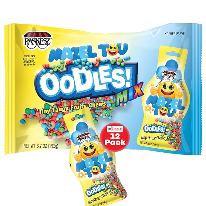 DOUzzle Back To School Oodles Mazal Tov Emoji, Tiny Tangy Fruity Chews Mix (12 Count, 1 Pack) Individually Wrapped, Party Favor, Goodie Bag & Pinata Filler - Kosher Parve