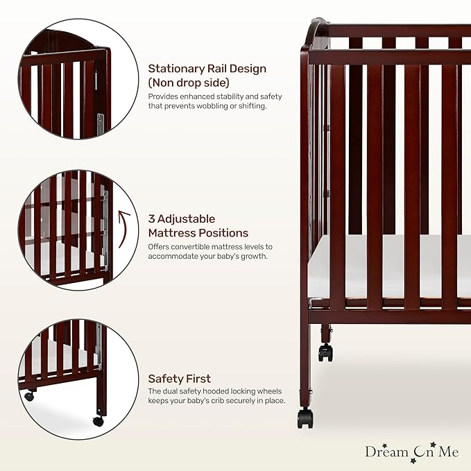 Dream On Me 3 In 1 Portable Folding Stationary Side Crib In Espresso, Greenguard Gold Certified, Safety Wheel With Locking Casters, Convertible, 3 Mattress Heights