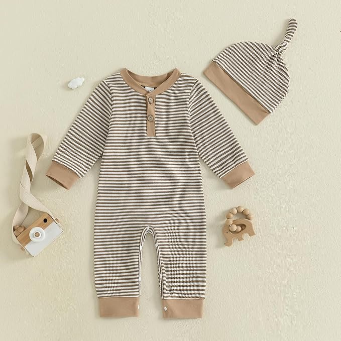 fhutpw Newborn Baby Boy Clothes Ribbed Knit Bodysuit 3 6 Months Infant Fall Long Sleeve Splicing Color Romper Jumpsuit & Hat